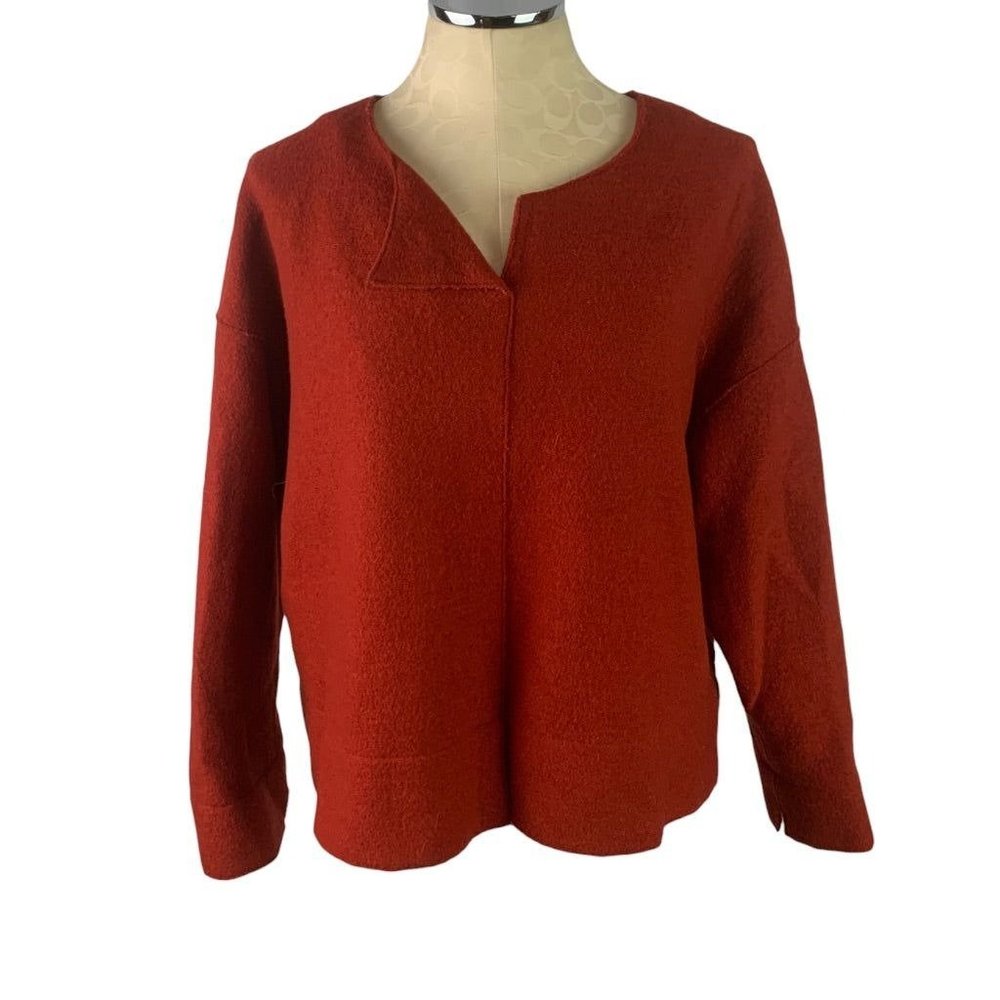 Medium Oska Red Wool Pullover Women's‎ Sweater Split Neck Lagenlook